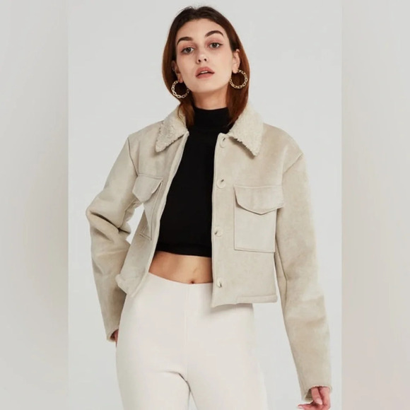 STORETS Vanessa Cropped Shearling Jacket in Beige - Picture 1 of 14